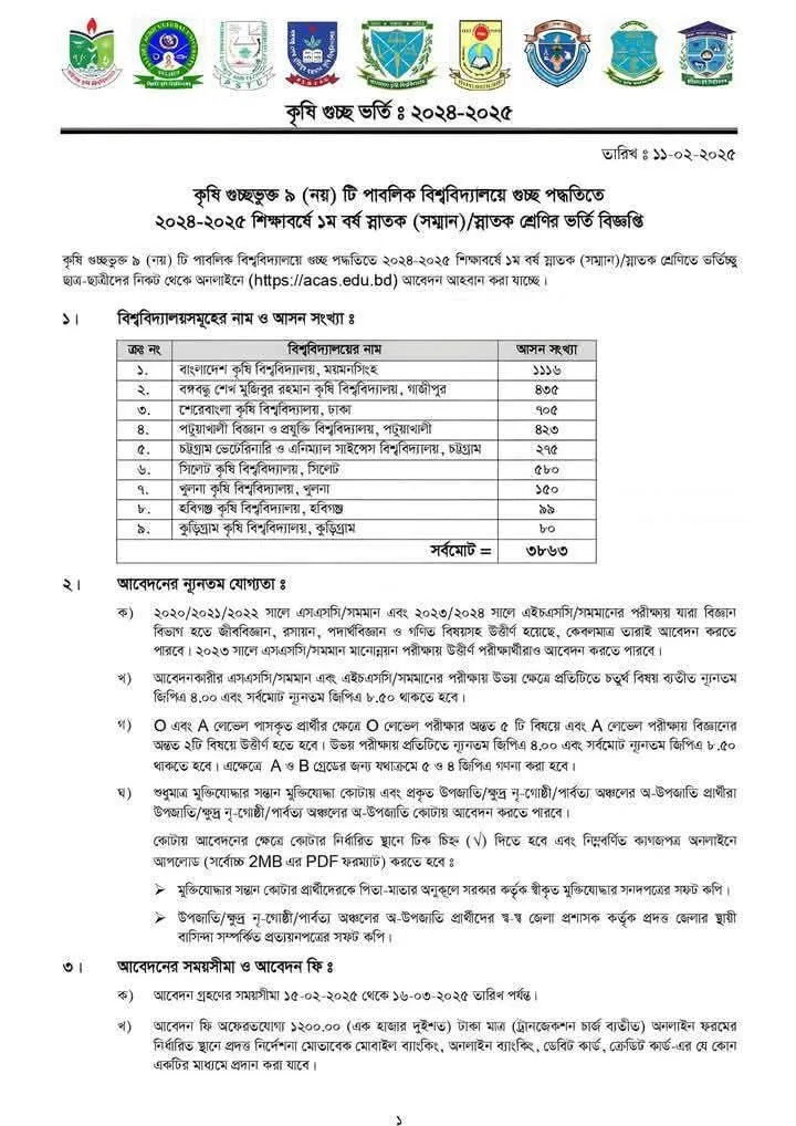 কৃষি গুচ্ছ ভর্তি পরীক্ষার সার্কুলার 2025, আবেদন শুরু ১৫ ফেব্রুয়ারি - Shikkha News | শিক্ষা নিউজ